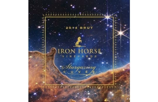 Label with stars and nebula reads: 2014 Brut, Iron Horse Vineyards, Stargazing Cuvée in gold text.