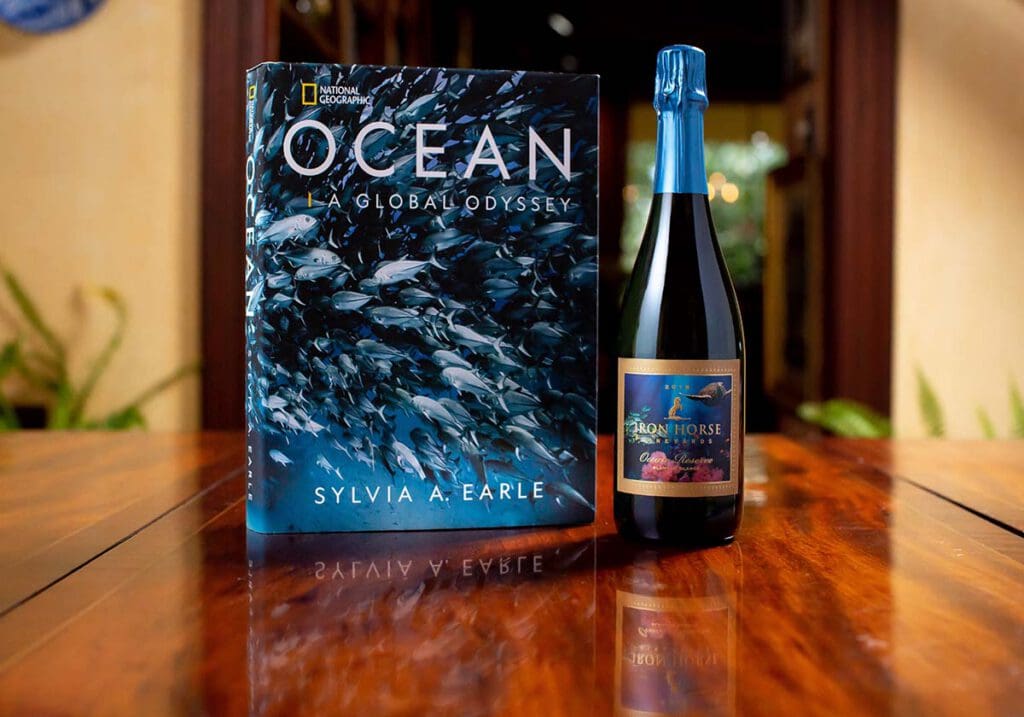 Book Ocean: A Global Odyssey and a blue-capped bottle side by side on a wooden table.