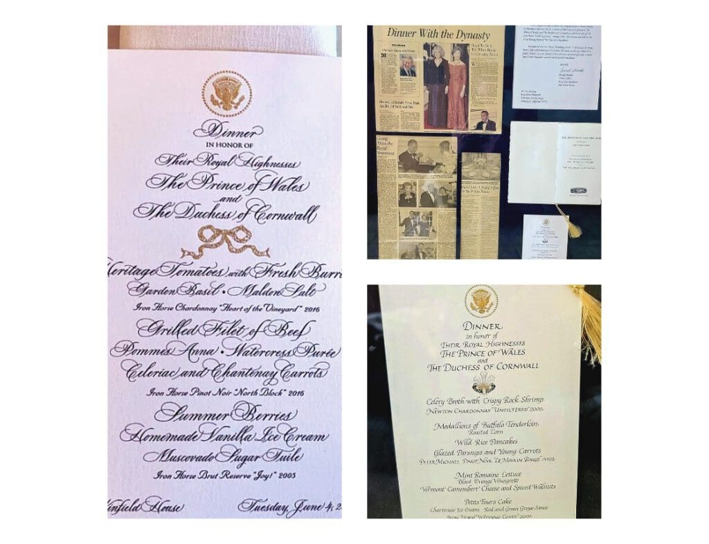 Three images: two menus for a royal dinner and one collage of newspaper clippings and printed documents.
