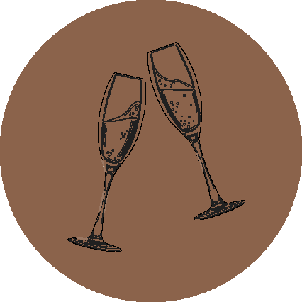 Two champagne glasses clinking together on a brown circular background.