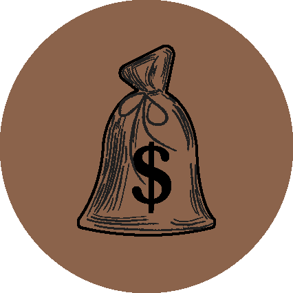 A brown circle with a sketched money bag featuring a black dollar sign on it.