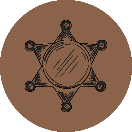 A hand-drawn sheriffs badge with a six-pointed star on a brown circular background.