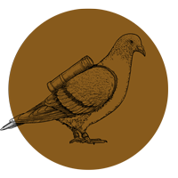 A pigeon carrying a small cylindrical canister on its back, drawn in a vintage style on a brown circle.