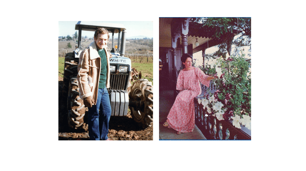 Left: Person standing by a tractor in a field. Right: Person in a pink dress on a porch with flowers.