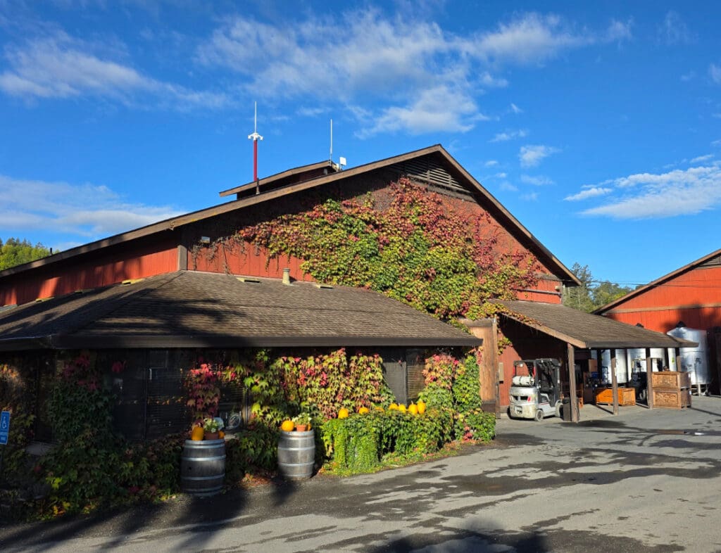 Red barn-like building with ivy on the walls, barrels, and pumpkins outside under a bright blue sky.