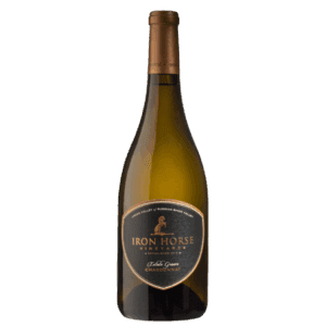 A bottle of Iron Horse Vineyards Chardonnay wine with a dark label on a white background.