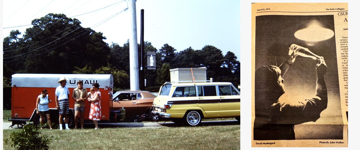 A family stands by a loaded station wagon and trailer; a black-and-white photo of a nurse giving a shot is on the right.