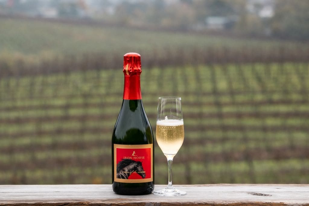 A bottle of sparkling wine and a filled glass on a wooden table with vineyard rows in the background.