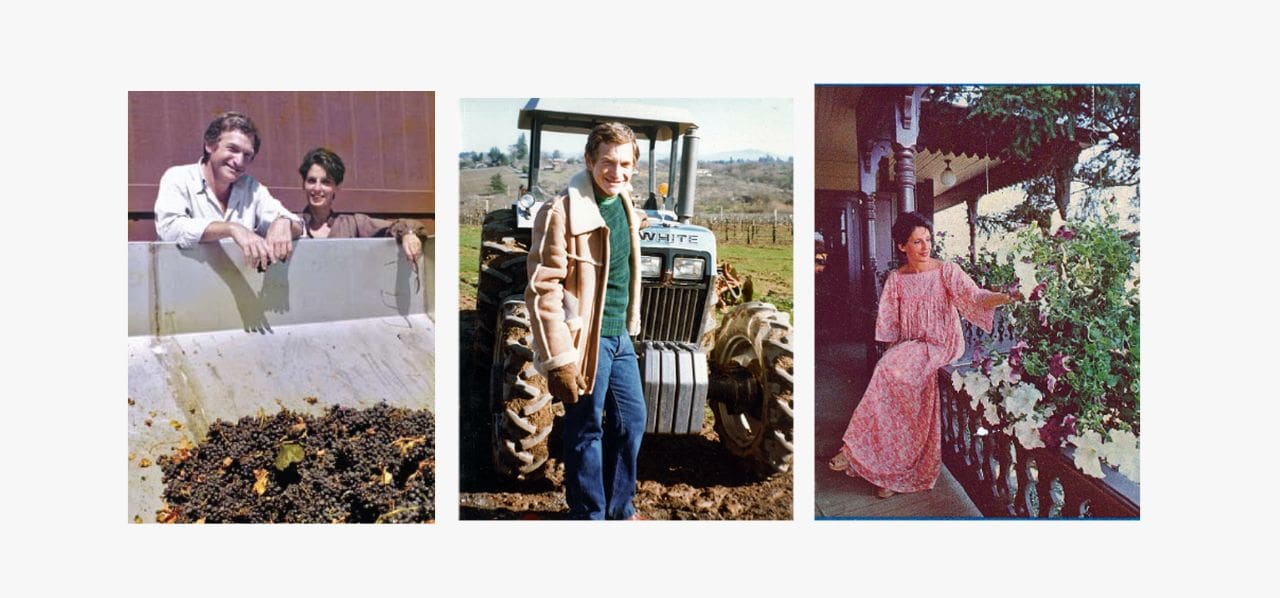 Three vintage photos: two people by grapes, a person by a tractor, and a woman sitting by flowers on a porch.
