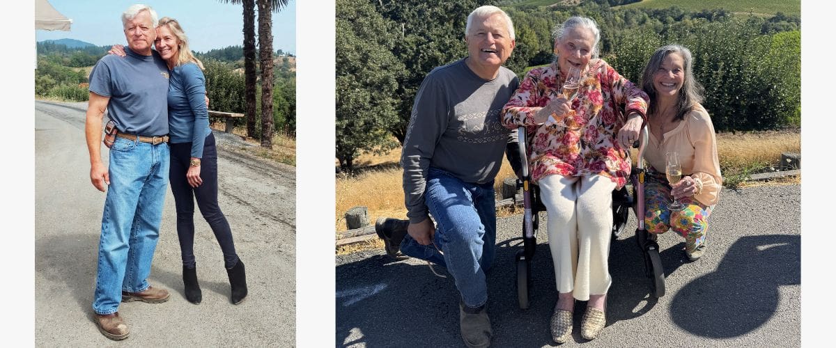 Photo 1: Smiling man and woman pose on a roadside. Photo 2: Three people, one in a wheelchair, smile outdoors on a sunny day.