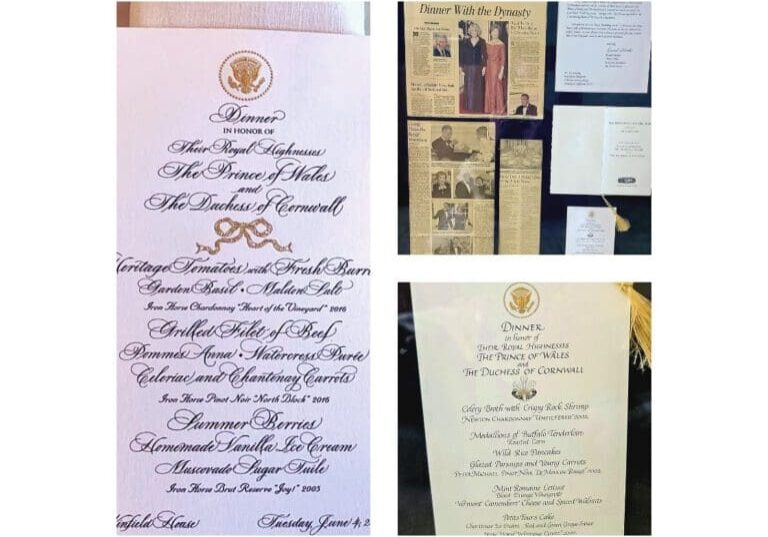 Three images: two menus for a royal dinner and one collage of newspaper clippings and printed documents.