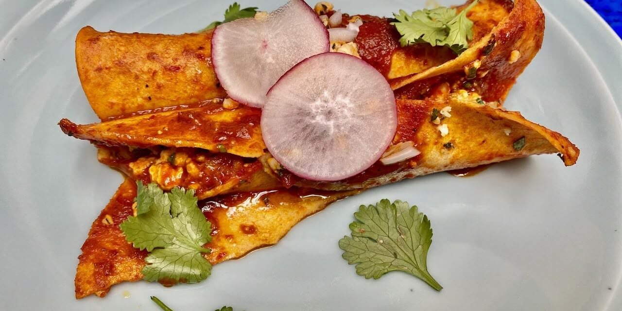 Two sauced enchiladas topped with radish slices and cilantro, served on a light blue plate.