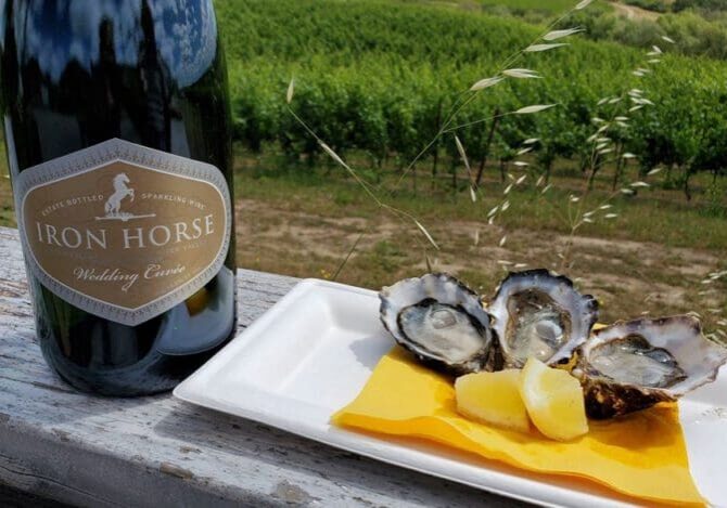 Bottle of Iron Horse sparkling wine next to oysters and lemon wedges on a plate, with vineyard in background.