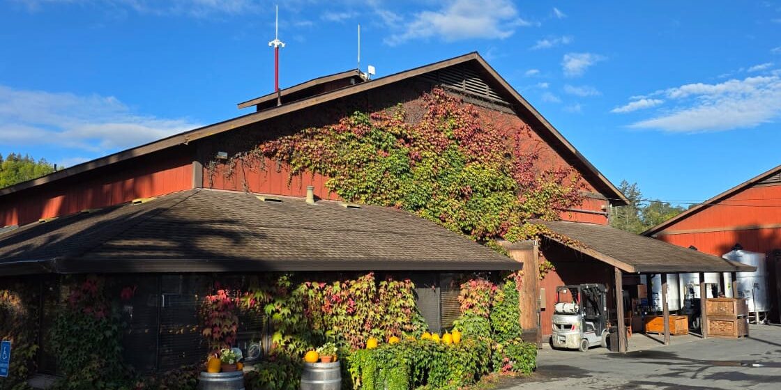 Red barn-like building with ivy on the walls, barrels, and pumpkins outside under a bright blue sky.