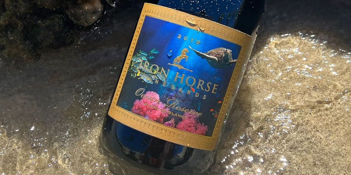 A wine bottle with a colorful label lies on wet sand at the waters edge.