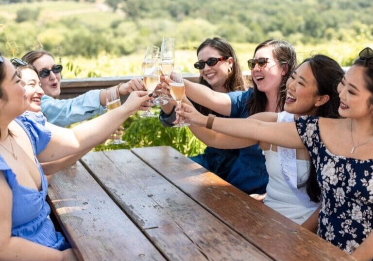 Six women sitting outdoors clinking champagne glasses and smiling around a wooden picnic table.