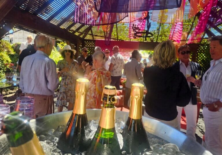 People socializing at an outdoor party with champagne bottles chilling in ice in the foreground.