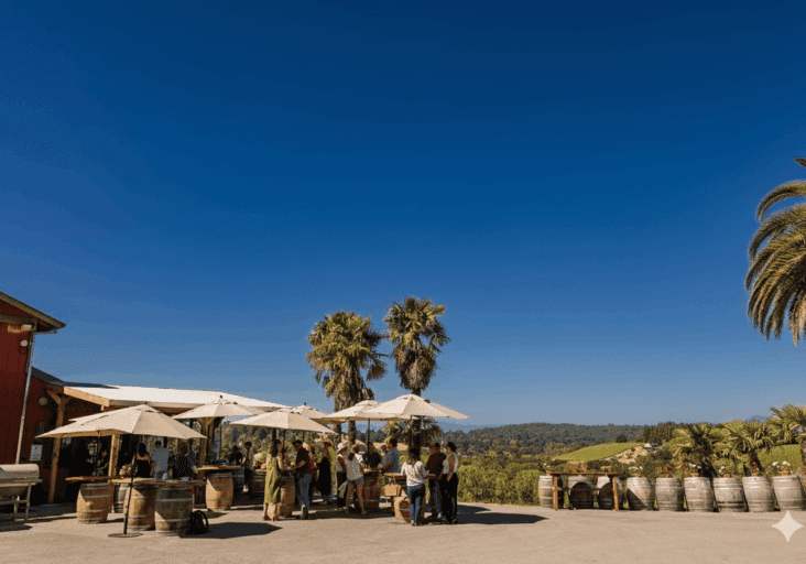 People gather under white umbrellas near wine barrels at a winery with palm trees and blue sky in the background.